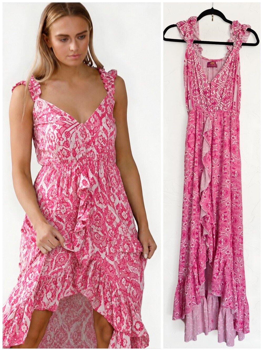 Feather & Find Flowy Boho Pink White Patterned Dress, S